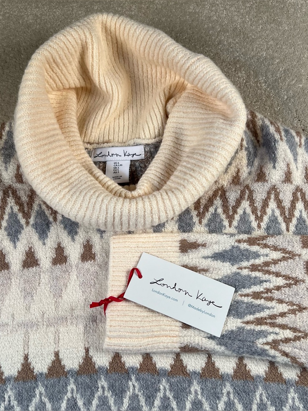 London Kaye Sweater Turtle Neck Fair Isle Cream Blue Soft NWT Women's Large